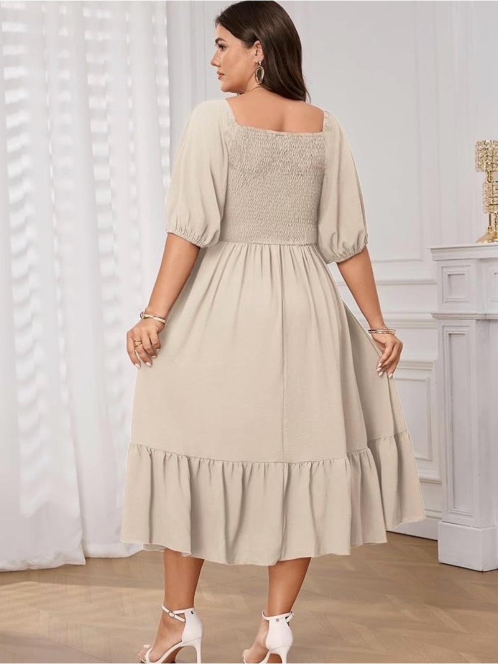 Women’s Cream/Beige Puff-Sleeve Embroidered Midi Dress NWT 1XL - Picture 3 of 10